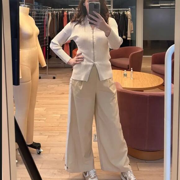 A.L.C. White Ribbed Knit Full Zip Sweater LARGE Work Quiet Luxury Designer $500 - Picture 8 of 14